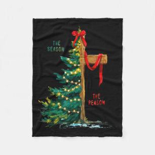 Christmas Tree The Season Jesus Cross The Reason  Fleece Blanket