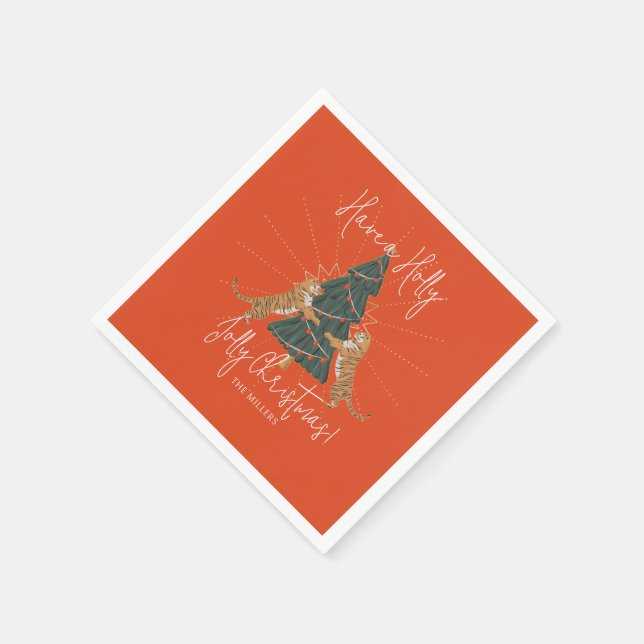 Christmas Tree & Tigers Jolly Christmas Card Napkin (Corner)