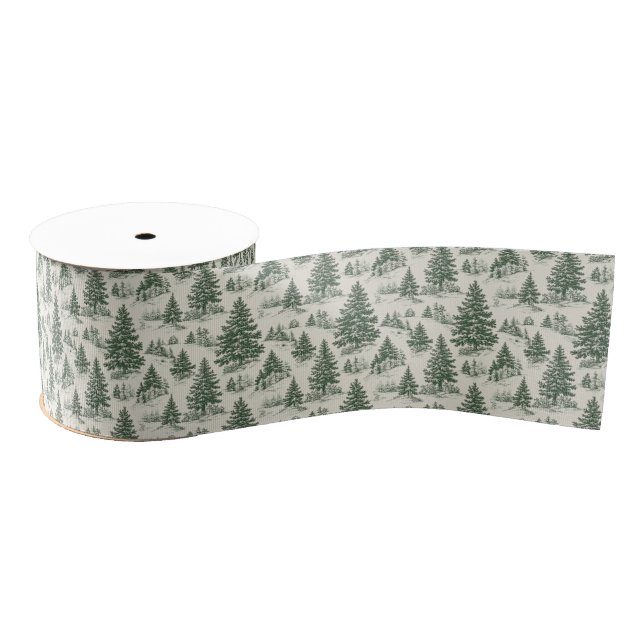 Christmas Tree  Toile  De Jouy Green Grosgrain Ribbon (Spool)
