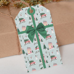 Christmas Tree & Town Pink Retro Van Green Bow Gift Tags