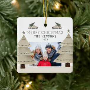 Christmas Tree Truck Family Photo Holiday Ceramic Ornament