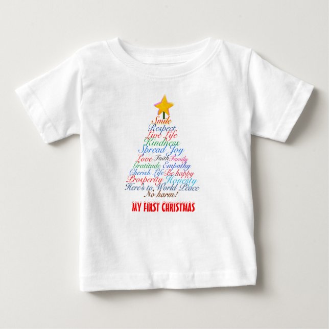 Christmas Tree Typography Baby's First Christmas Baby T-Shirt (Front)