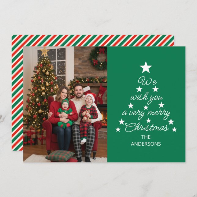 Christmas Tree Typography Family Photo Stars Green Holiday Card (Front/Back)