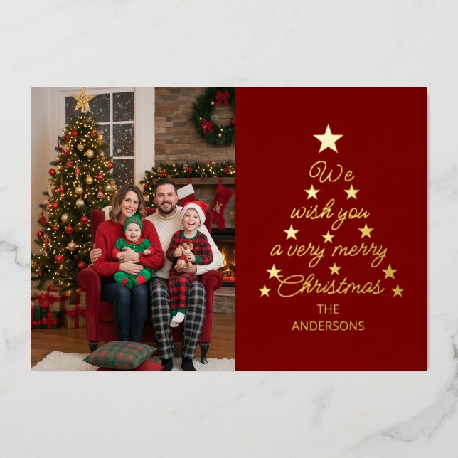 Christmas Tree Typography Gold Stars Family Photo  (Front)