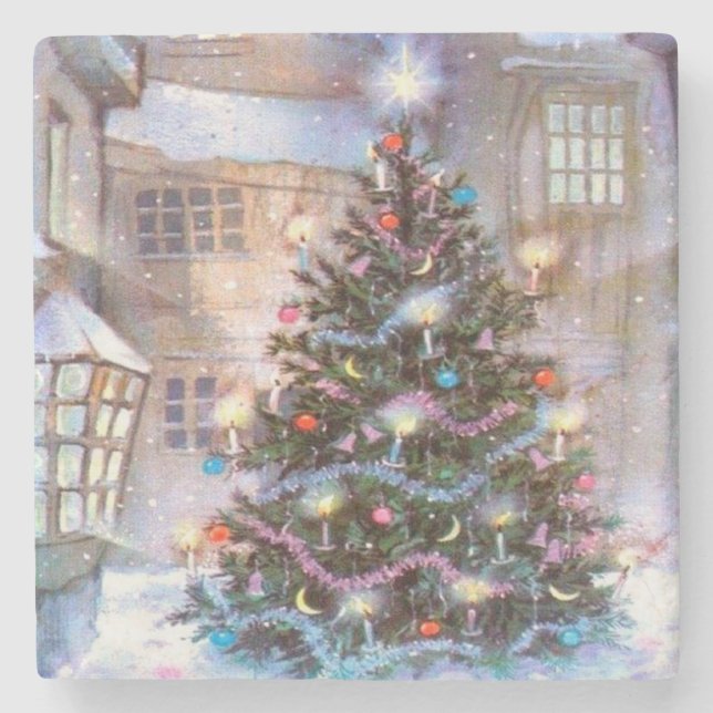 Christmas Tree Vintage Stone Coaster (Front)
