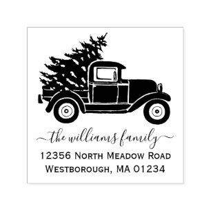 Christmas Tree Vintage Truck Family Return Address Self-inking Stamp
