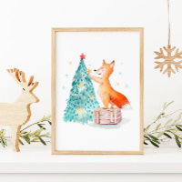 Christmas Tree Watercolor and Cute Fox
