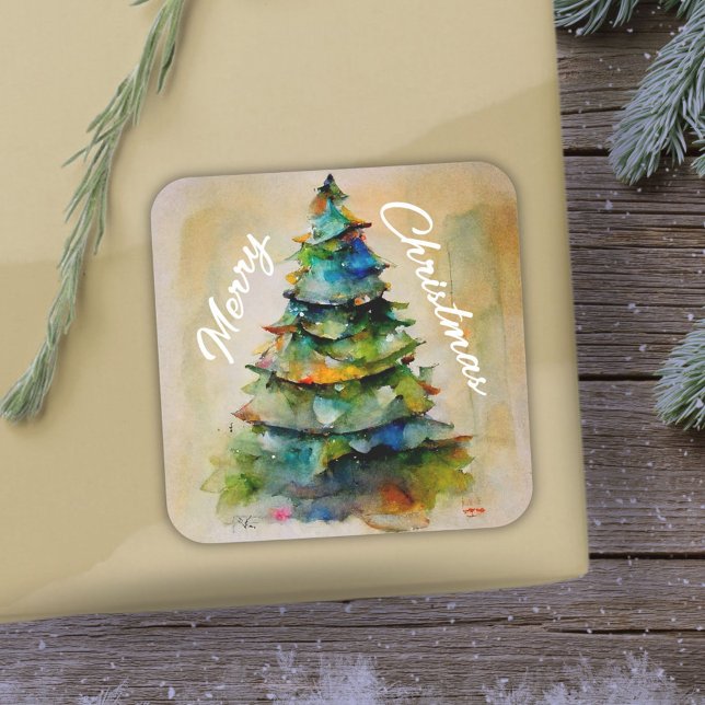 Christmas Tree Watercolor Artistic Merry Christmas Square Sticker (Creator Uploaded)