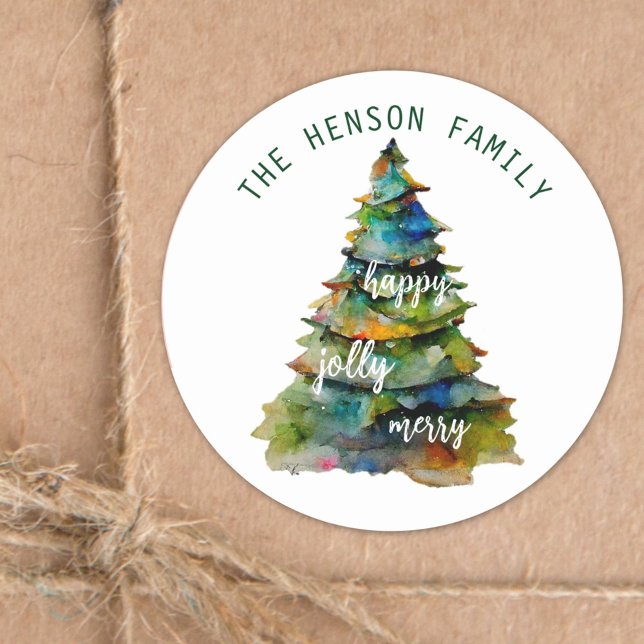 Christmas Tree Watercolor Merry Jolly Happy  Classic Round Sticker (Creator Uploaded)