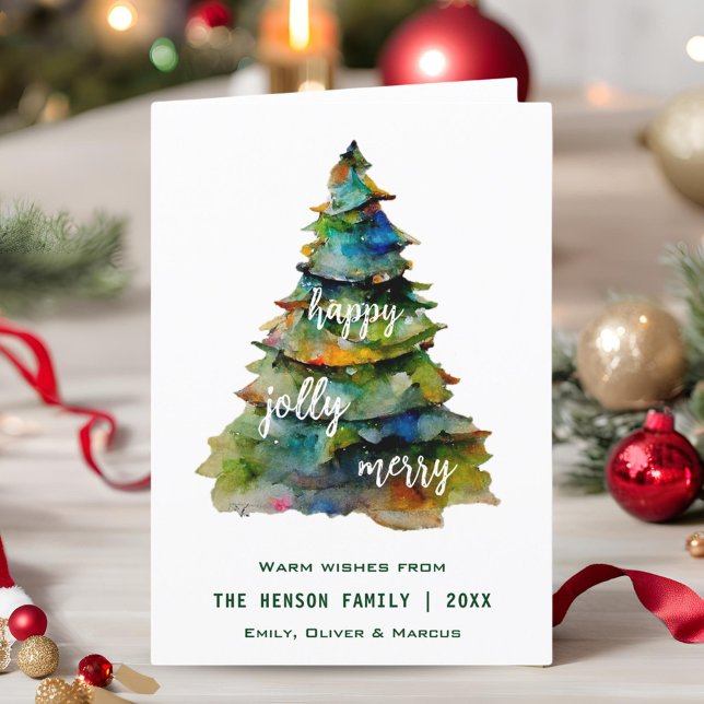Christmas Tree Watercolor Merry Jolly Happy  Holiday Card (Creator Uploaded)