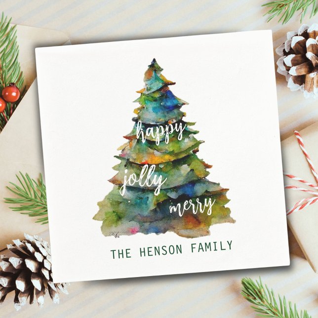 Christmas Tree Watercolor Merry Jolly Happy  Napkin (Creator Uploaded)