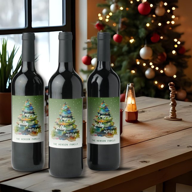 Christmas Tree Watercolor Merry Jolly Happy Wine Label (Creator Uploaded)