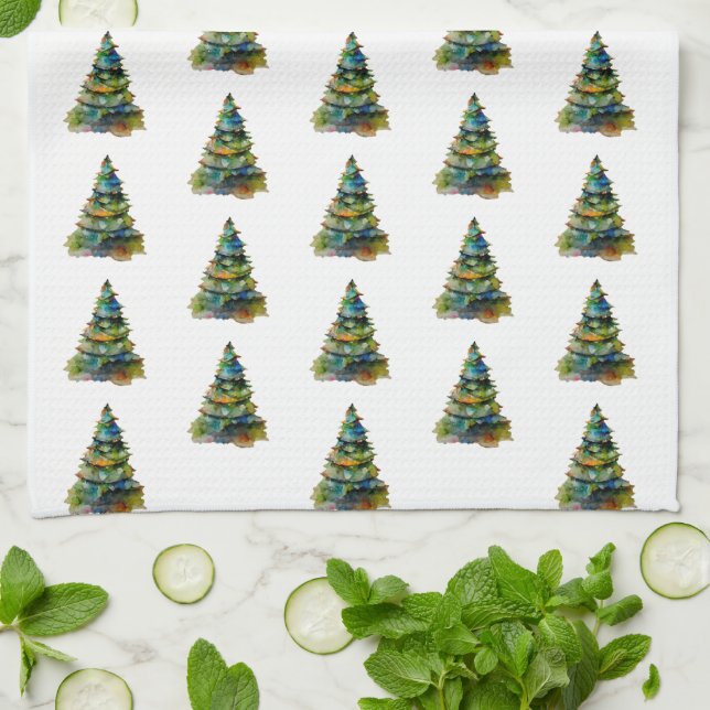 Christmas Tree Watercolor Pattern Holiday Tea Towel (Folded)