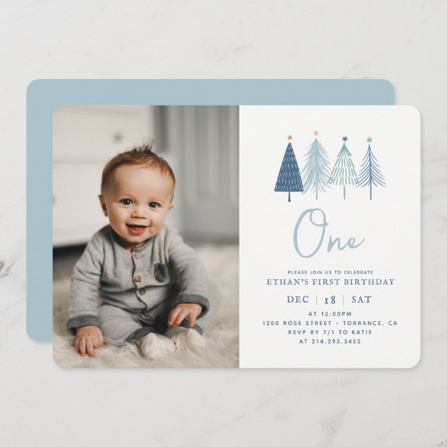 Christmas Tree Winter Boy 1st Birthday Photo Invitation (Front/Back)