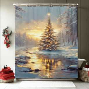 Christmas Tree Winter Forest River Shower Curtain