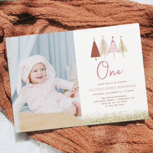 Christmas Tree Winter Girl 1st Birthday Photo Invitation