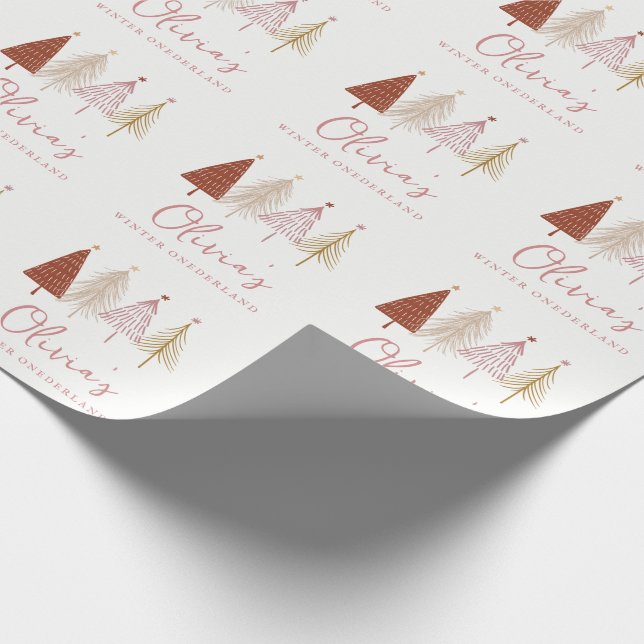 Christmas Tree Winter Onderland Girl 1st Birthday  Wrapping Paper (Corner)