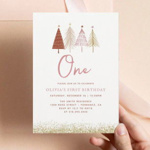 Christmas Tree Winter Onederland Girl 1st Birthday Invitation