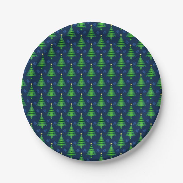 Christmas Tree with Blue Snowflake and Background  Paper Plate (Front)