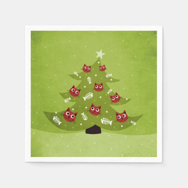 Christmas Tree With Cat And Fish Ornaments Napkin (Front)