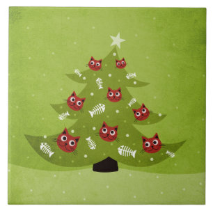 Christmas Tree With Cat And Fish Ornaments Tile