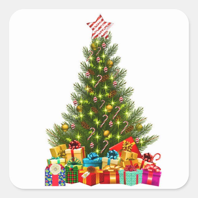 Christmas tree with decorations and gift boxes square sticker (Front)