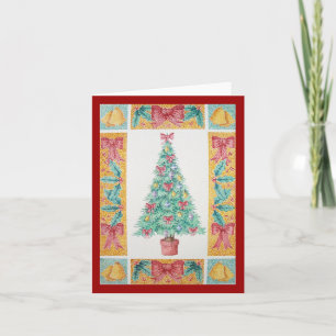 Christmas tree with decorations red bows bells art holiday card
