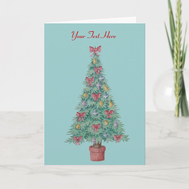 Christmas tree with decorations red bows bells art holiday card (Front)