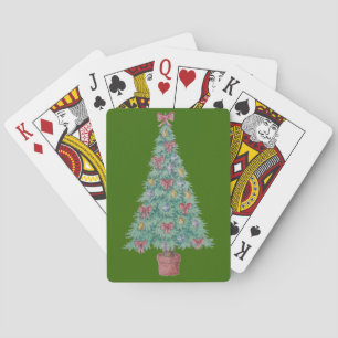 Christmas tree with decorations red bows bells art playing cards