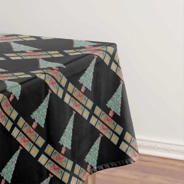 Christmas tree with decorations red bows bells art tablecloth (In Situ)