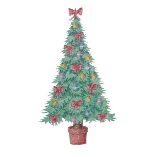 Christmas tree with decorations red bows bells tablecloth