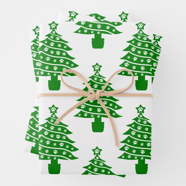 Christmas Tree With Dog Paw Prints Wrapping Paper Sheet (In situ)