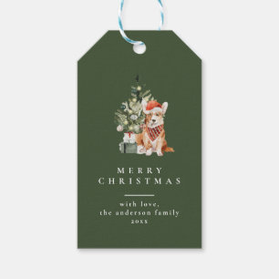 Christmas Tree with Dog Typography Green Gift Tags