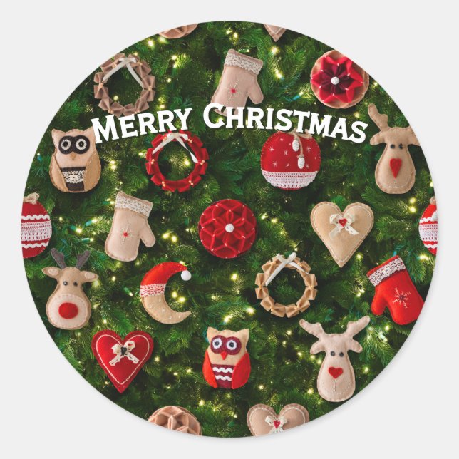 Christmas tree with felt toys classic round sticker (Front)