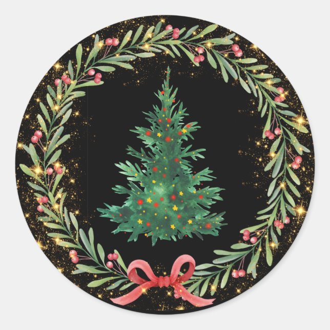Christmas tree with gold sparkles red berries classic round sticker (Front)