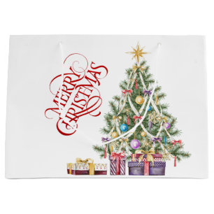 Christmas Tree with Gold Star and Presents Large Gift Bag