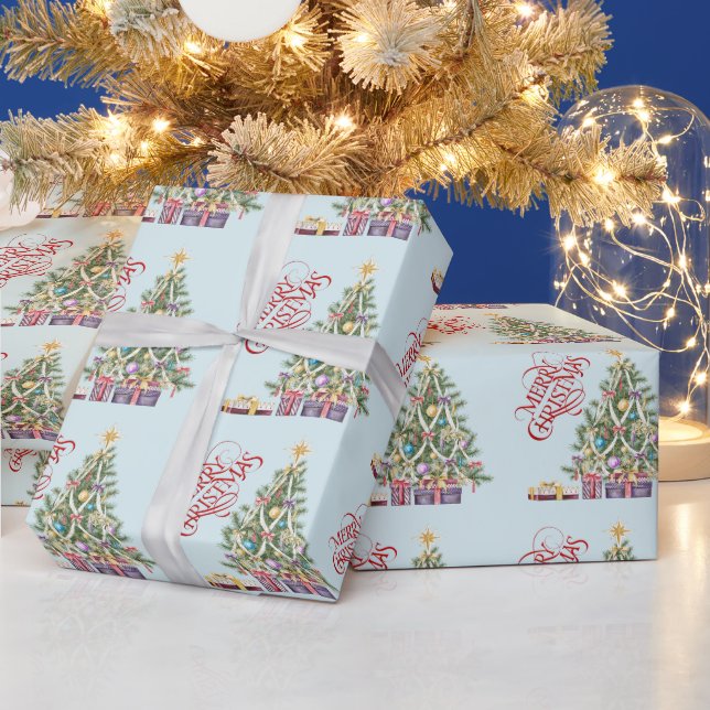 Christmas Tree with Gold Star and Presents Wrapping Paper (Holidays)