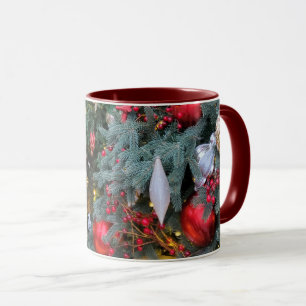 Christmas tree with golden, red toys. mug