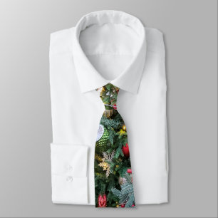 Christmas tree with golden, red toys. tie