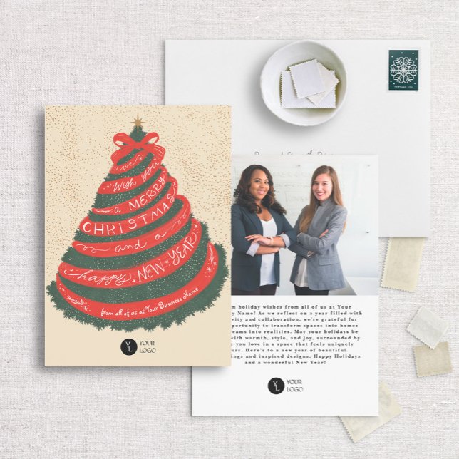Christmas Tree with Hand-Lettered Ribbon Business Holiday Card (Creator Uploaded)