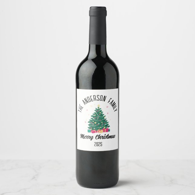 Christmas Tree With Lights Personalized Name Wine Label (Front)