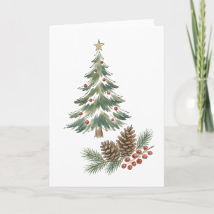 Christmas Tree with Pinecones and Red Berries Wate Card