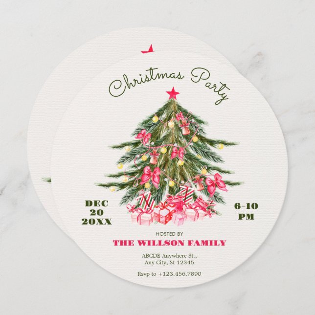 Christmas tree with pink bow and gifts invitation (Front/Back)