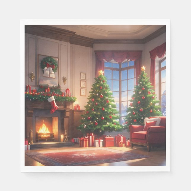 Christmas tree with presents and a fireplace napkin (Front)