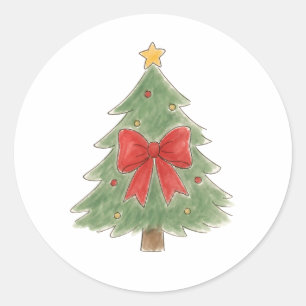 Christmas Tree with Red Bow and Gold Ornaments Classic Round Sticker