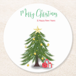 Christmas tree with Red present Round Paper Coaster