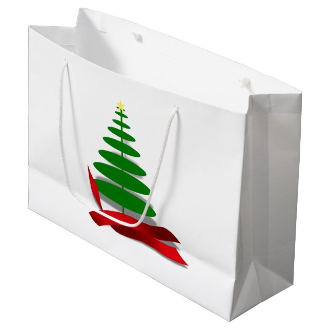 Christmas Tree with Red Ribbon Large Gift Bag (Front Angled)