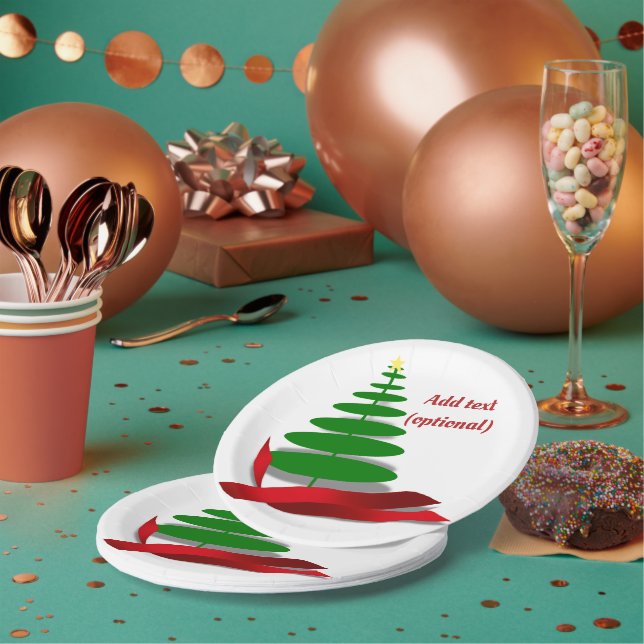 Christmas Tree with Red Ribbon Paper Plate (Multi)