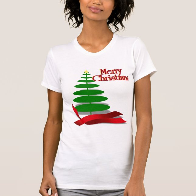 Christmas Tree with Red Ribbon T-Shirt (Front)