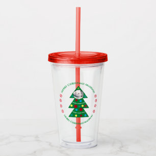 Christmas Tree with Round Dog Photo Holiday Red Acrylic Tumbler